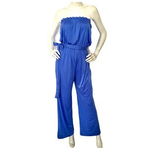 Vintage Blue Jumpsuit Strapless Belted Wide Leg Romper Playsuit Pantsuit